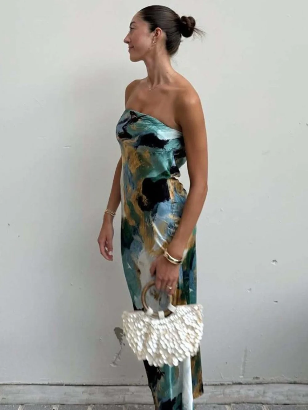 12th Tribe Natalia Blue and Gold Watercolor Strapless Maxi Dress Size XSXS - Picture 3 of 3